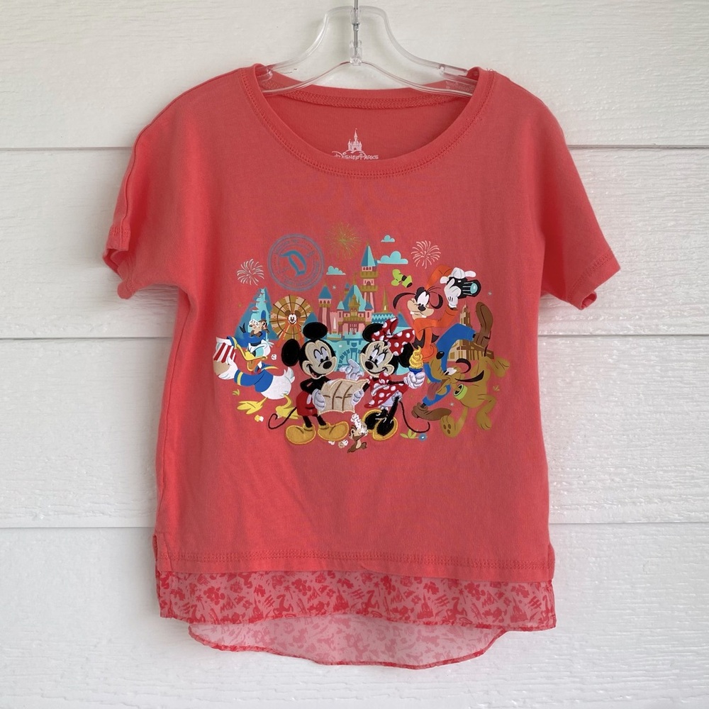 Disney Parks Multi-Characters Kids Coral Pink Embroidered T-Shirt flare hem